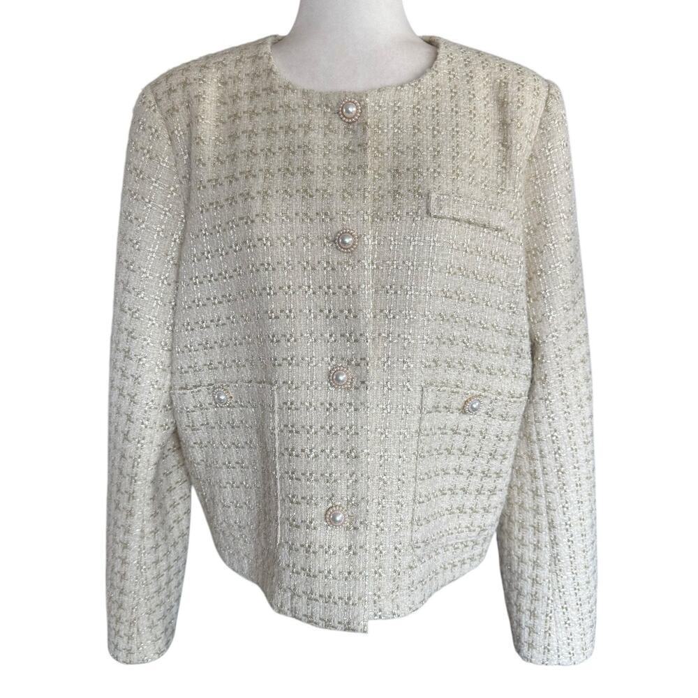 Jovonna London Ulla Jacket Tweed Pearl Buttons Beige XL Classic Clueless Preppy